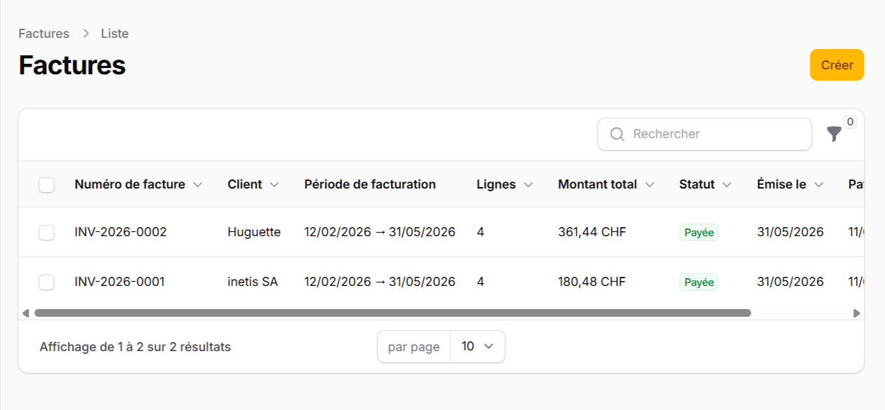 Liste des factures avec numéros, clients et statuts de paiement